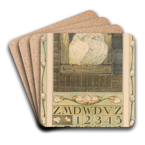 Kalenderblad maart met twee witte duiven by Theo van Hoytema Art Drink Coaster set