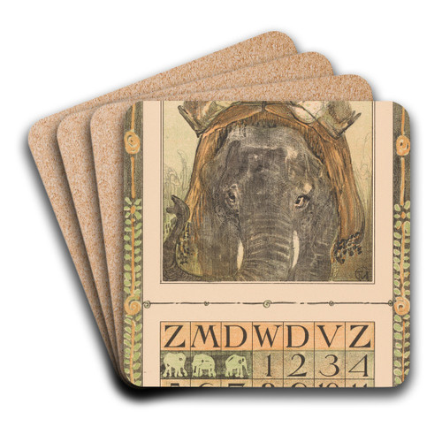 Kalenderblad augustus met olifant by Theo van Hoytema Art Drink Coaster set