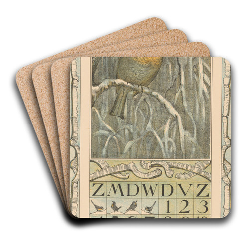 Kalenderblad december met roodborstje by Theo van Hoytema Art Drink Coaster set