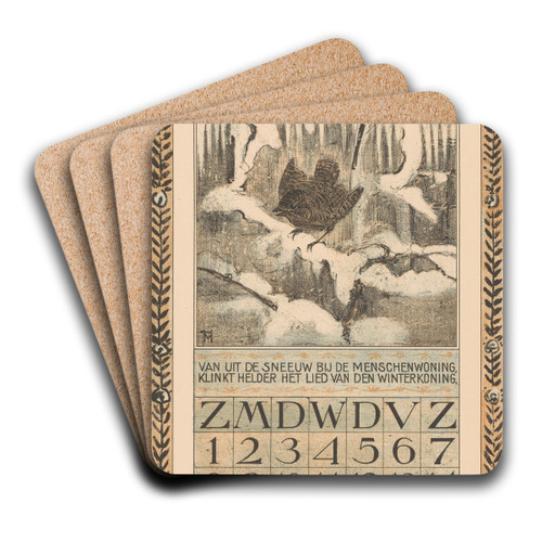 Kalenderblad december met winterkoninkje by Theo van Hoytema Art Drink Coaster set
