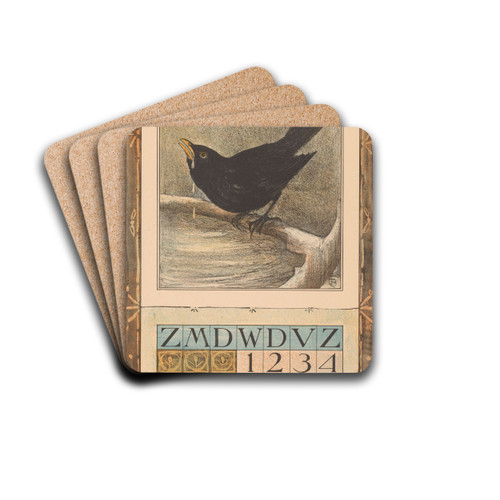 Kalenderblad februari met merel by Theo van Hoytema Drink Coasters - set of 4 Kalenderblad februari met merel by Theo van Hoytema Drink Coasters - set of 4
