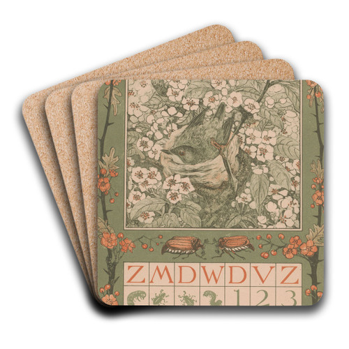 Kalenderblad mei met vogel tussen bloesem by Theo van Hoytema Art Drink Coaster set