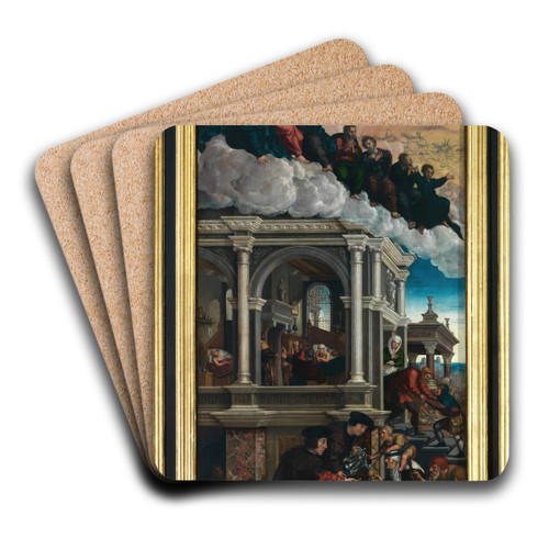 Three Acts of Mercy; Giving the Thirsty to drink, Visiting the Sick and Sheltering Strangers by Bernard van Orley Art Drink Coaster set