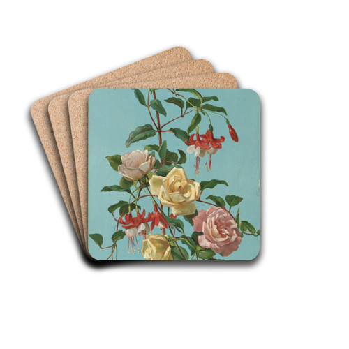 Roses and Fuchsia by George Cochran Lambdin Drink Coasters - set of 4 Roses and Fuchsia by George Cochran Lambdin Drink Coasters - set of 4