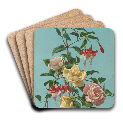 Roses and Fuchsia by George Cochran Lambdin Art Drink Coaster set Roses and Fuchsia by George Cochran Lambdin Art Drink Coaster set