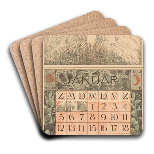 Kalenderblad januari met pronkende pauw by Theo van Hoytema Art Drink Coaster set