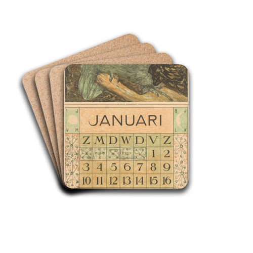 Kalenderblad januari met papegaai by Theo van Hoytema Drink Coasters - set of 4 Kalenderblad januari met papegaai by Theo van Hoytema Drink Coasters - set of 4