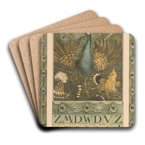 Kalenderblad januari met pauw en kippen by Theo van Hoytema Art Drink Coaster set