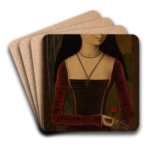 Young Woman with a Pink by Hans Memling Art Drink Coaster set