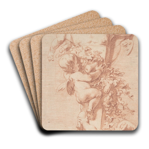 Design for a Panel with Four Putti Decorating a Herm (Terminal Figure) with Garlands of Fruit and Foliage by Jacob de Wit Art Drink Coaster set