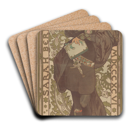 Sarah Bernhardt in Lorenzaccio, Theatre de la Renaissance by Alphonse Mucha Art Drink Coaster set