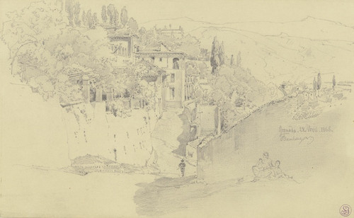 Straenzug in Granada, im Vordergrund an eine Mauer gelehnt eine Mutter mit zwei Kindern (1868) by Fritz Bamberger Art Print Download