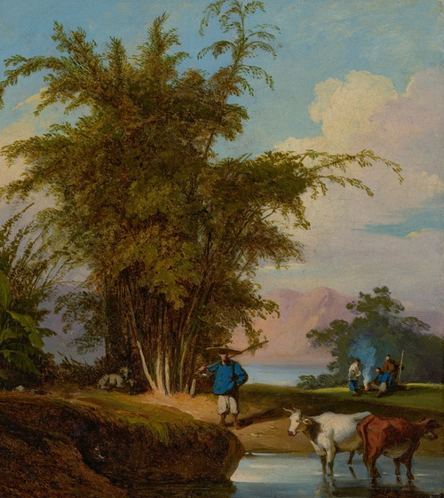 A landscape in Macau with a herdsman and cattle watering, a stand of bamboo beyond by George Chinnery Art Print Download