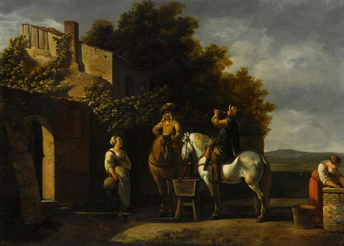 Cavaliers On Horseback Resting Outside An Inn With A Courtyard Beyond by Gerrit Adriaensz. Berckheyde Art Print Download