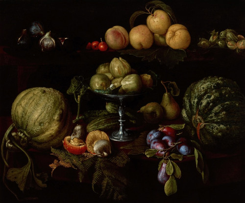 Figs on a Tazza with Pears, Quinces, Melons, Plums, Mushrooms on a Table, with Figs, Cherries, Peaches, and Acorns on a Ledge Above by Giovanni Battista Crescenzi Art Print Download