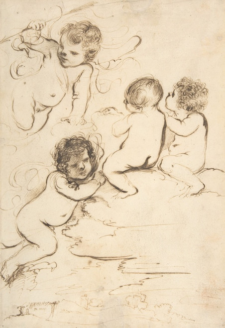 Four Putti with Bow and Arrows on Clouds above a Landscape with a Tower (15911666) by Guercino Art Print Download