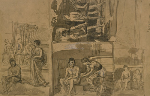 Netze tragende Fischer sowie meist sitzende, in einer Unterhaltung begriffene Figuren (1873) by Hans Von Mares Art Print Download