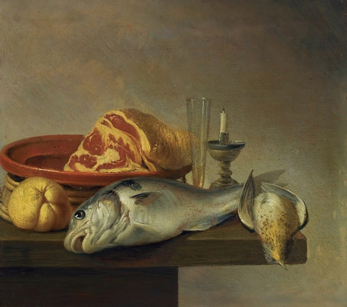 Still Life With A Ham, A Fish, A Candle And Other Objects Arranged On The Edge Of A Tabletop by Harmen Steenwyck Art Print Download