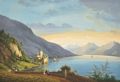 A view of Lake Geneva, with figures at a vineyard in the foreground, the Chteau de Chillon beyond by Hendrikus Johannes Knip Art Print Download
