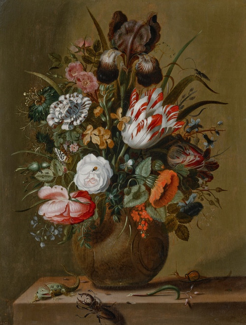 Roses, tulips, an iris and other flowers in a stoneware vase on a ledge with a lizard, stag beetle and snail (1644) by Jacob Marrel Art Print Download