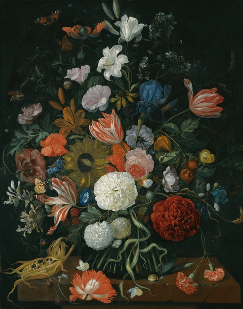 Still Life Of Flowers In A Vase On A Stone Ledge With A Corn Cob And A Snail by Jacob Rootius Art Print Download