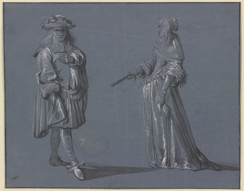 Zwei Figuren in eleganter Tracht, links ein stehender Kavalier in Vorderansicht, rechts eine stehende Dame im Profil nach links mit einem Fcher in der Rechten by Jacob Weyer Art Print Download