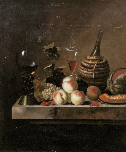 Still Life With Fruit, A Wine Flask In A Basket And A Large Roemer by Jakob Bogdny Art Print Download