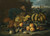 A Still Life With Melons, Apples, Black And Green Grapes, A Pomegranate And Birds On A Forest Floor, A Landscape Beyond With A Town On The Horizon by Roman School Art Print Download