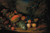 A split melon, peaches, plums, grapes, apples and currants with a parrot and a bullfinch, a mountainous landscape beyond by Tobias Stranover Art Print Download