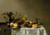 Digital Print - Peaches on a silver platter, a fruit pie, a bread roll, a prunted roemer and a silver coffee pot on a partially draped table by Circle of Pieter Claesz.