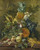 Digital Print - A pineapple, plums, grapes and other fruit with corn on a marble ledge by Jacobus Linthorst