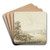 Flusslandschaft, rechts ansteigendes Gebirge, links ein Haus mit einer Brcke, bei der ein Boot landet by Franz Schtz Art Drink Coaster set Flusslandschaft, rechts ansteigendes Gebirge, links ein Haus mit einer Brcke, bei der ein Boot landet by Franz Schtz Art Drink Coaster set