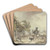 On the path next to a dilapidated hut with a thatched roof, a shepherd on horseback and a farmer's wife with sheep and goats by John Webber Art Drink Coaster set