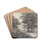 Waldpartie, auf dem Weg zwei Figuren, links oben mehrere Raben by Roelant Roghman Drink Coasters - set of 4
