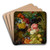 Elaborate Still Life Of Flowers And Fruit Resting On A Stone Ledge, A Wooded Landscape Beyond by Georgius Jacobus Johannes van Os Art Drink Coaster set