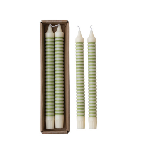 Striped Green Taper Candles - Set of 2