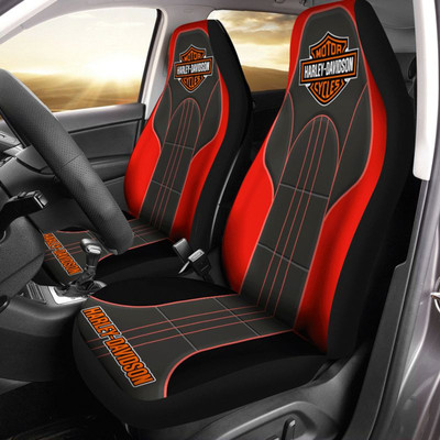 OFFICIAL-HARLEY-DAVIDSON-CLASSIC-LOGOS-CAR-SEAT-PREMIUM-COVERS/BIG-GRAPHIC-3D-PRINTED-CUSTOM-HARLEY-DAVIDSON-BLACK & ORANGE-DESIGN-DOUBLE-CAR-SEAT-COVERS...