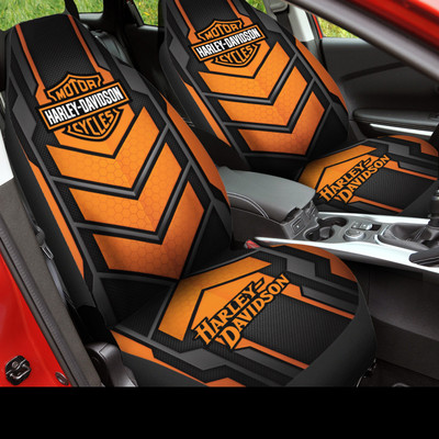 OFFICIAL-HARLEY-DAVIDSON-CLASSIC-LOGOS-CAR-SEAT-PREMIUM-COVERS/BIG-GRAPHIC-3D-PRINTED-CUSTOM-CLASSIC-HARLEY-DAVIDSON-BLACK & ORANGE-DESIGN-DOUBLE-CAR-SEATS!!!