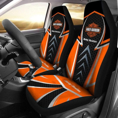 OFFICIAL-HARLEY-DAVIDSON-CLASSIC-LOGOS-CAR-SEAT-PREMIUM-COVERS/BIG-GRAPHIC-3D-PRINTED-CUSTOM-HARLEY-DAVIDSON-BLACK & NEON-ORANGE-DESIGN-DOUBLE-CAR-SEAT-COVERS!