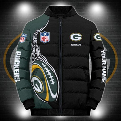 **(N.F.L.GREEN-BAY-PACKERS-TEAM-SPORT-PUFFER-JACKETS/ADD-YOUR-OWN-CUSTOM-NAME/OFFICIAL-PACKERS-TEAM-COLORS & OFFICIAL-PACKERS-TEAM-LOGOS/GRAPHIC-3D-PRINTED-DOUBLE-SIDED-ALL-OVER-TEAM-DESIGN/WARM-PREMIUM-N.F.L.PACKERS-TEAM-PUFFER-JACKETS)**