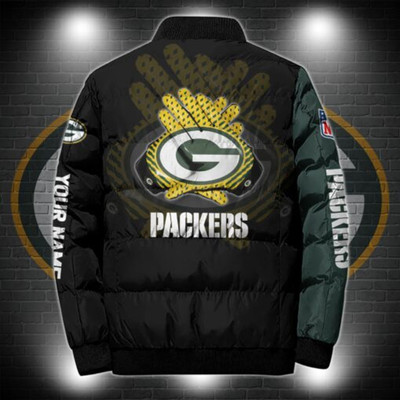 **(N.F.L.GREEN-BAY-PACKERS-TEAM-SPORT-PUFFER-JACKETS/ADD-YOUR-OWN-CUSTOM-NAME/OFFICIAL-PACKERS-TEAM-COLORS & OFFICIAL-PACKERS-TEAM-LOGOS/GRAPHIC-3D-PRINTED-DOUBLE-SIDED-ALL-OVER-TEAM-DESIGN/WARM-PREMIUM-N.F.L.PACKERS-TEAM-PUFFER-JACKETS)**