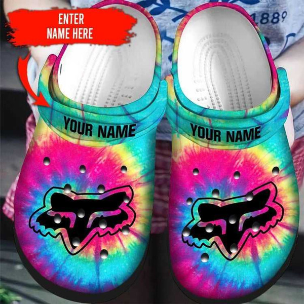 OFFICIAL-FOX-RACING-SPORT-SUMMER-CROC-CLOGS/ADD YOUR OWN PERSONALIZED NAME OR SPECIAL CUSTOM TEXT ON BOTH SHOE CLOGS STRAPS/OFFICIAL-CUSTOM-GRAPHIC-3D-PRINTED-FOX-RACING-LOGOS & ALL-OVER-TYE-DYED-DESIGN..