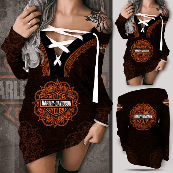 HARLEY-DAVIDSON-MOTORCYCLE-LADIES-WHITE-LACE-UP-HOODIE-DRESS/OFFICIAL-CLASSIC-HARLEY-BLACK & ORANGE COLORS/OFFICIAL BIG HARLEY DAVIDSON GRAPHIC-3D-PRINTED FASHION LOGOS...