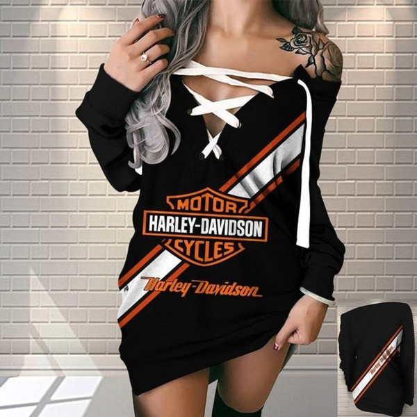 HARLEY-DAVIDSON-MOTORCYCLE-LADIES-WHITE-LACE-UP-DRESS/OFFICIAL-CLASSIC-HARLEY-BLACK,WHITE & ORANGE COLORS/OFFICIAL BIG HARLEY DAVIDSON CUSTOM GRAPHIC-3D-PRINTED LOGOS..