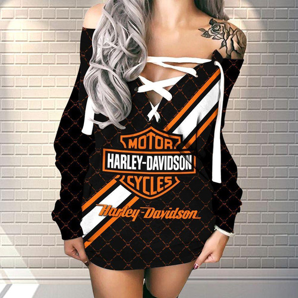 HARLEY-DAVIDSON-MOTORCYCLE-LADIES-WHITE-LACE-UP-DRESS/OFFICIAL-CLASSIC-HARLEY-BLACK,WHITE & ORANGE COLORS/OFFICIAL BIG HARLEY DAVIDSON CUSTOM GRAPHIC-3D-PRINTED LOGOS!!