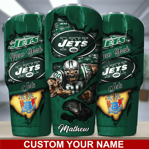 NFL.NEW-YORK-JETS-TEAM-LOGOS-PREMIUM-DRINKING-CUP-TUMBLERS/ADD-YOUR-OWN-CUSTOM-PERSONALIZED-NAME-OR-SPECIAL-CUSTOM-TEXT-ON-TUMBLER/GRAPHIC-3D-PRINTED-NFL.JETS-TEAM-DESIGN 20 OUNCE STAINLESS STEEL DRINKING TUMBLERS WITH STRAW & SAFETY-SEALED-TOP...