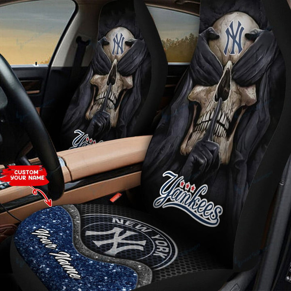 MLB.NEW-YORK-YANKEES-TEAM-CLASSIC-LOGOS-CAR-SEAT-PREMIUM-COVERS/ADD-YOUR-OWN-CUSTOM-PERSONALIZED-NAME-OR-CUSTOM-TEXT-ON BOTH-SEAT-COVERS/BIG-CUSTOM-GRAPHIC-3D-PRINTED-MLB.YANKEESS-TEAM-SKULL-DESIGN-DOUBLE-CAR-SEAT-COVERS...
