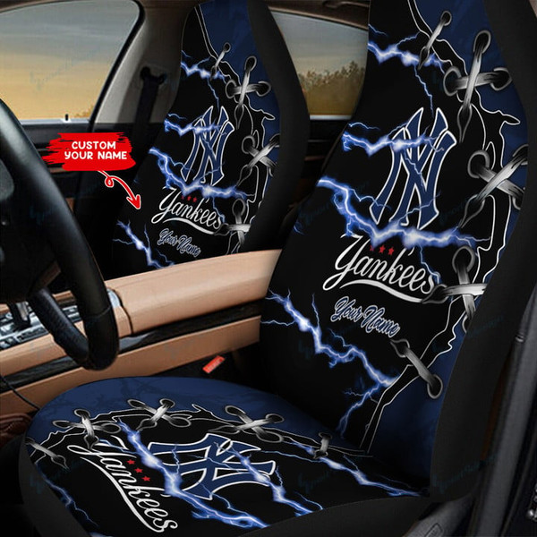 MLB.NEW-YORK-YANKEES-TEAM-CLASSIC-LOGOS-CAR-SEAT-PREMIUM-COVERS/ADD-YOUR-OWN-CUSTOM-PERSONALIZED-NAME-OR-CUSTOM-TEXT-ON BOTH-SEAT-COVERS/BIG-CUSTOM-GRAPHIC-3D-PRINTED-MLB.YANKEESS-TEAM-LIGHTNING-DESIGN-DOUBLE-CAR-SEAT-COVERS...