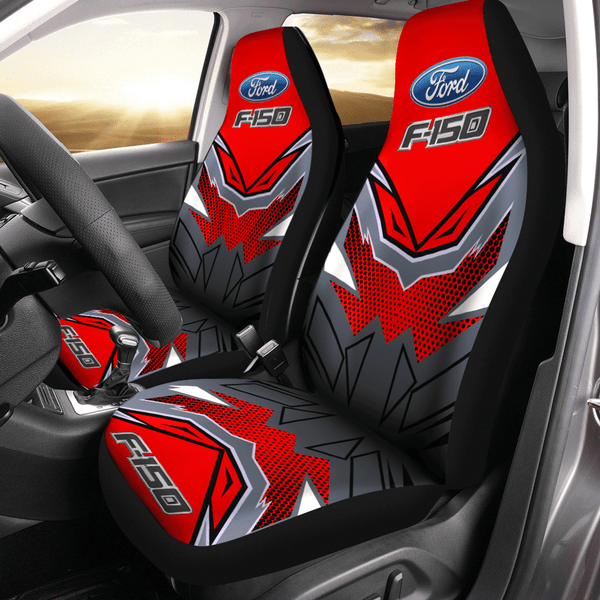 FORD F-150 TRUCK CLASSIC-LOGOS-PREMIUM-CAR-SEAT-COVERS/BIG-GRAPHIC-3D-PRINTED-CUSTOM-FORD-F-150-LOGOS/BLACK & NEON-RED-COLOR-CUSTOM-FORD-DESIGN-DOUBLE-CAR-SEAT-COVERS-SET..