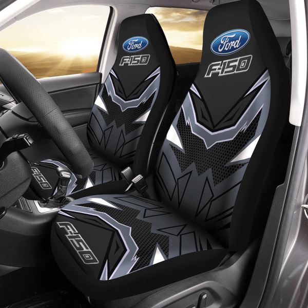 FORD F-150 TRUCK CLASSIC-LOGOS-PREMIUM-CAR-SEAT-COVERS/BIG-GRAPHIC-3D-PRINTED-CUSTOM-FORD-F-150-LOGOS/BLACK & GREY-COLOR-CUSTOM-FORD-DESIGN-DOUBLE-CAR-SEAT-COVERS-SETS..